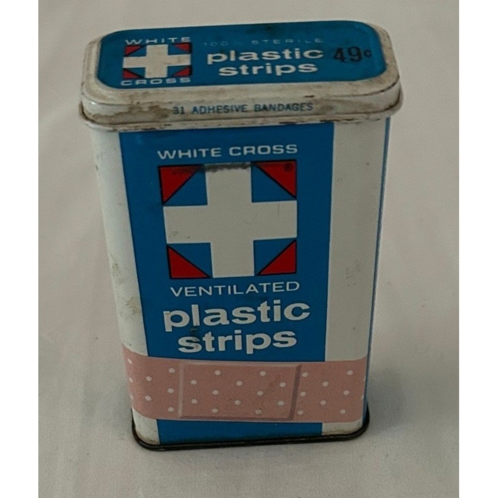 Vintage White Cross Bandage Tin Mid-Century Americana Blue Red 49¢ Medical